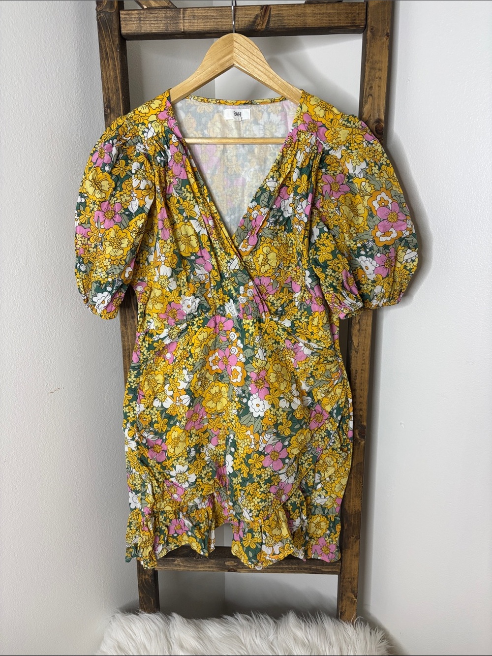 Rahi Floral Wrap Mini Dress with Puff Sleeves in Yellow and Pink Size L
